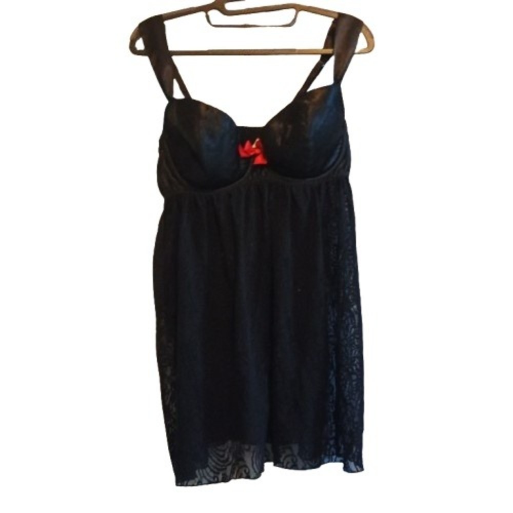 Cacique Black Satin Lace Babydoll Chemise Size 14/16‎ Built-In Bra Adjustable